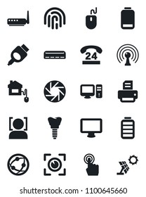 Set of vector isolated black icon - mouse vector, printer, implant, 24 hours, antenna, network, touch screen, monitor, battery, low, hdmi, mobile camera, face id, fingerprint, air conditioner, pc