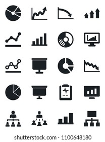 Set of vector isolated black icon - hierarchy vector, presentation board, statistic monitor, circle chart, pulse clipboard, statistics, bar graph, pie, point, arrow up, growth, crisis
