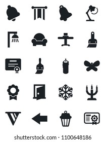 Set of vector isolated black icon - left arrow vector, butterfly, themes, bell, sertificate, desk lamp, cushioned furniture, restaurant table, candle, snowflake, outdoor, door, pennon, certificate