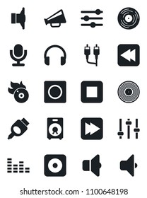 Set of vector isolated black icon - vinyl vector, flame disk, speaker, loudspeaker, equalizer, microphone, headphones, stop button, fast forward, rewind, rec, rca, hdmi, tuning, record, sound