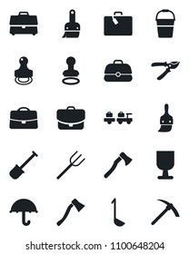 Set of vector isolated black icon - suitcase vector, stamp, baggage larry, shovel, farm fork, bucket, pruner, axe, fragile, umbrella, themes, case, ladle, hard work