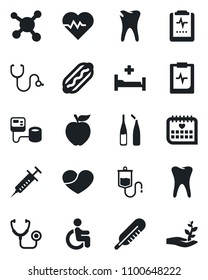 Set of vector isolated black icon - heart pulse vector, stethoscope, syringe, blood pressure, dropper, thermometer, ampoule, hospital bed, disabled, tooth, caries, medical calendar, clipboard