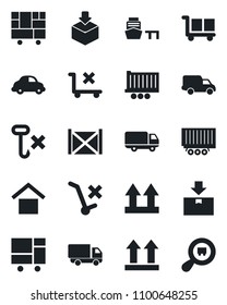 Set of vector isolated black icon - truck trailer vector, car delivery, sea port, container, consolidated cargo, warehouse storage, up side sign, no trolley, hook, package, search