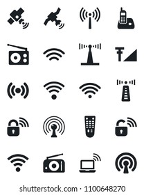 Set of vector isolated black icon - antenna vector, wireless notebook, radio, satellite, remote control, phone, cellular signal, lock