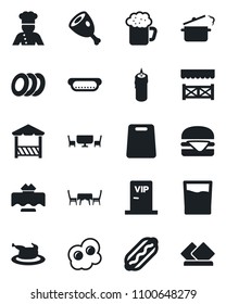 Set of vector isolated black icon - cook vector, restaurant table, drink, beer, plates, candle, cafe, vip zone, alcove, chicken, ham, hamburger, hot dog, cutting board, steaming pan, omelette