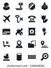 Set of vector isolated black icon - navigation vector, pin, plane, satellite, 24 hours, support, cargo container, term, folder document, no trolley, hook, tulip, package, shield, flammable, search