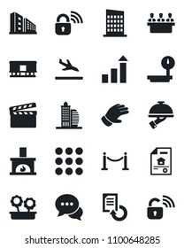Set of vector isolated black icon - fence vector, arrival, growth statistic, document reload, glove, heavy scales, railroad, clapboard, dialog, menu, meeting, estate, office building, fireplace