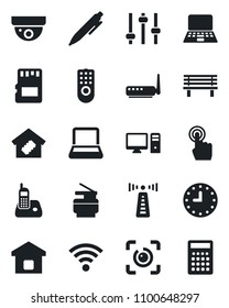 Set of vector isolated black icon - antenna vector, pen, notebook pc, bench, clock, touch screen, radio phone, tuning, sd, wireless, eye id, copier, smart home, remote control, router, surveillance