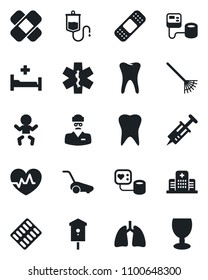 Set of vector isolated black icon - baby vector, rake, lawn mower, bird house, heart pulse, syringe, blood pressure, dropper, pills blister, patch, ambulance star, hospital bed, lungs, tooth, doctor