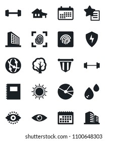 Set of vector isolated black icon - sun vector, office building, pennant, tree, barbell, eye, network, favorites list, protect, id, fingerprint, calendar, copybook, pie graph, house with garage
