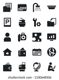 Set of vector isolated black icon - parking vector, globe, shower, statistic monitor, term, folder document, camera, network, user, root setup, copier, house, bowl, cheese, wallet, man with notebook