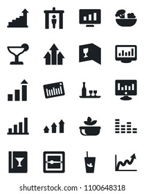 Set of vector isolated black icon - security gate vector, growth statistic, monitor, barcode, equalizer, scanner, statistics, bar graph, alcohol, wine card, cocktail, phyto, salad, arrow up