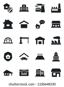 Set of vector isolated black icon - barrier vector, factory, greenhouse, hospital, warehouse storage, office building, house, with garage, sold signboard, estate insurance, cafe, warm floor