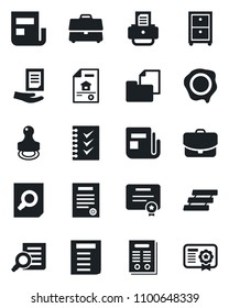 Set of vector isolated black icon - document search vector, stamp, printer, folder, news, case, checklist, paper tray, archive box, contract, estate, certificate