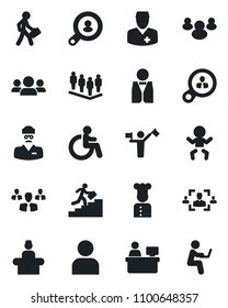 Set of vector isolated black icon - dispatcher vector, baby, disabled, reception, team, manager place, doctor, group, user, hr, career ladder, client search, waiter, cook, consumer