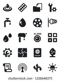 Set of vector isolated black icon - passport vector, wind, contract, water drop, pills blister, route, folder document, reel, antenna, application, root setup, supply, fruit tree, alarm led