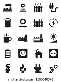 Set of vector isolated black icon - hot cup vector, factory, fire, oil barrel, battery, brightness, charge, sun panel, heater, eco house, socket, power plug, radiator, energy saving bulb