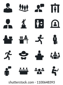 Set of vector isolated black icon - security gate vector, elevator, reception, speaking man, pedestal, team, manager place, run, speaker, support, desk, meeting, estate agent, dress code