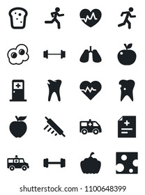 Set of vector isolated black icon - medical room vector, pumpkin, heart pulse, diagnosis, ambulance car, barbell, run, lungs, caries, bread, rolling pin, omelette, apple fruit, cheese