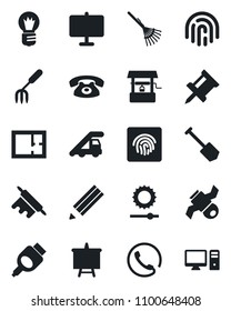 Set of vector isolated black icon - ladder car vector, presentation board, bulb, job, garden fork, rake, well, satellite, hdmi, brightness, fingerprint id, drawing pin, pencil, plan, phone, rolling