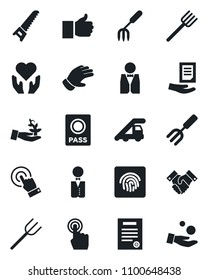 Set of vector isolated black icon - passport vector, ladder car, document, garden fork, farm, glove, saw, heart hand, touch screen, finger up, fingerprint id, handshake, contract, waiter, investment
