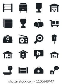 Set of vector isolated black icon - bird house vector, doctor case, container, fragile, cargo, warehouse, heavy scales, search, rack, radio, blank box, archive, mailbox, garage gate control