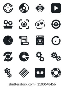 Set of vector isolated black icon - washer vector, circle chart, contract, pills blister, play button, record, eye id, update, pie graph, target, flower in pot, omelette, gear, clock