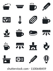 Set of vector isolated black icon - coffee vector, fire, fireplace, thermometer, air conditioner, steak, hot dog, bowl, steaming pan, balloon