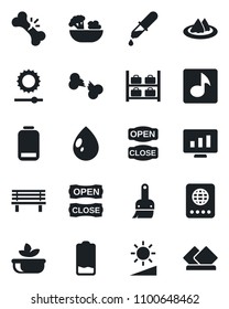 Set of vector isolated black icon - passport vector, luggage storage, statistic monitor, water drop, bench, dropper, broken bone, low battery, themes, brightness, music, serviette, salad, open close
