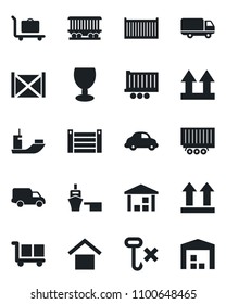 Set of vector isolated black icon - baggage trolley vector, railroad, sea shipping, truck trailer, cargo container, car delivery, port, fragile, warehouse storage, up side sign, no hook