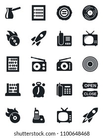 Set of vector isolated black icon - alarm clock vector, abacus, stamp, vinyl, flame disk, radio, tv, phone, office, open close, turkish coffee, rocket