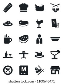 Set of vector isolated black icon - hot cup vector, spoon and fork, waiter, alcohol, restaurant table, serviette, cook hat, menu, cocktail, bacon, receipt, chicken, steak, bowl, sushi, storefront