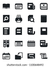 Set of vector isolated black icon - book vector, document search, notepad, calendar, medical, folder, news, copybook, printer, schedule, contract