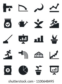 Set of vector isolated black icon - seedling vector, watering can, hoe, sickle, greenhouse, fertilizer, drip irrigation, bar graph, pie, point, career ladder, growth, crisis, presentation