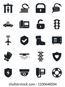 Set of vector isolated black icon - plane radar vector, security gate, alarm car, safe, glove, boot, hose, heart shield, traffic light, protect, lock, intercome, surveillance, sprinkler