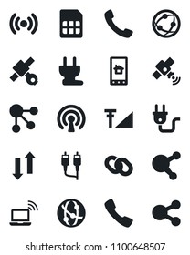 Set of vector isolated black icon - wireless notebook vector, satellite, network, share, chain, rca, call, sim, data exchange, cellular signal, power plug, home control app, social media