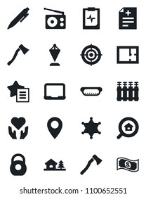 Set of vector isolated black icon - pennant vector, pen, notebook pc, axe, diagnosis, heart hand, pulse clipboard, pin, heavy, radio, favorites list, target, house with tree, plan, estate search