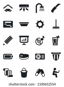 Set of vector isolated black icon - contract vector, pennant, rake, bucket, sun, garden knife, pills, music, battery, pencil, garage, bathroom, air conditioner, phyto bar, steak, bowl, schedule