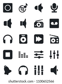 Set of vector isolated black icon - radio vector, speaker, settings, equalizer, microphone, headphones, stop button, fast forward, tuning, bell, record, music, sound