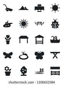 Set of vector isolated black icon - sun vector, flower in pot, lawn mower, butterfly, lady bug, pond, picnic table, pool, fruit tree, mountains, restaurant, alcove