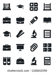 Set of vector isolated black icon - checkroom vector, book, calculator, graduate, abacus, presentation board, microscope, case, paper clip, pencil, stapler