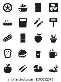 Set of vector isolated black icon - hot cup vector, seedling, plant label, diet, fridge, drink, phyto bar, salad, bacon, bread, kebab, apple fruit, fan, palm sproute