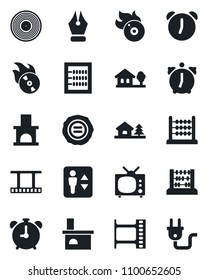 Set of vector isolated black icon - elevator vector, alarm clock, abacus, stamp, fireplace, film frame, vinyl, flame disk, ink pen, house with tree, tv, power plug