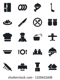 Set of vector isolated black icon - fridge vector, cook, restaurant table, serviette, cafe, hat, plates, waiter, salt and pepper, ladle, bowl, rolling pin, knife, steaming pan