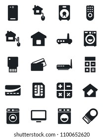 Set of vector isolated black icon - washer vector, calculator, monitor, speaker, phone back, sim, smart home, credit card, control, remote, router, usb flash