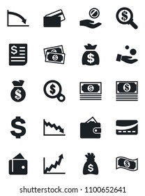 Set of vector isolated black icon - dollar sign vector, money bag, cash, receipt, credit card, wallet, growth graph, crisis, search, investment