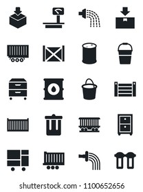 Set of vector isolated black icon - trash bin vector, bucket, watering, railroad, truck trailer, cargo container, consolidated, package, oil barrel, heavy scales, archive box, water filter