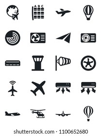 Set of vector isolated black icon - airport tower vector, plane radar, wind, helicopter, seat map, globe, air conditioner, fan, paper, balloon