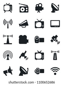 Set of vector isolated black icon - antenna vector, satellite, radio, loudspeaker, tv, video camera, wireless
