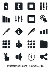 Set of vector isolated black icon - package vector, sorting, settings, touch screen, stop button, menu, folder, charge, pen, sound, information, social media